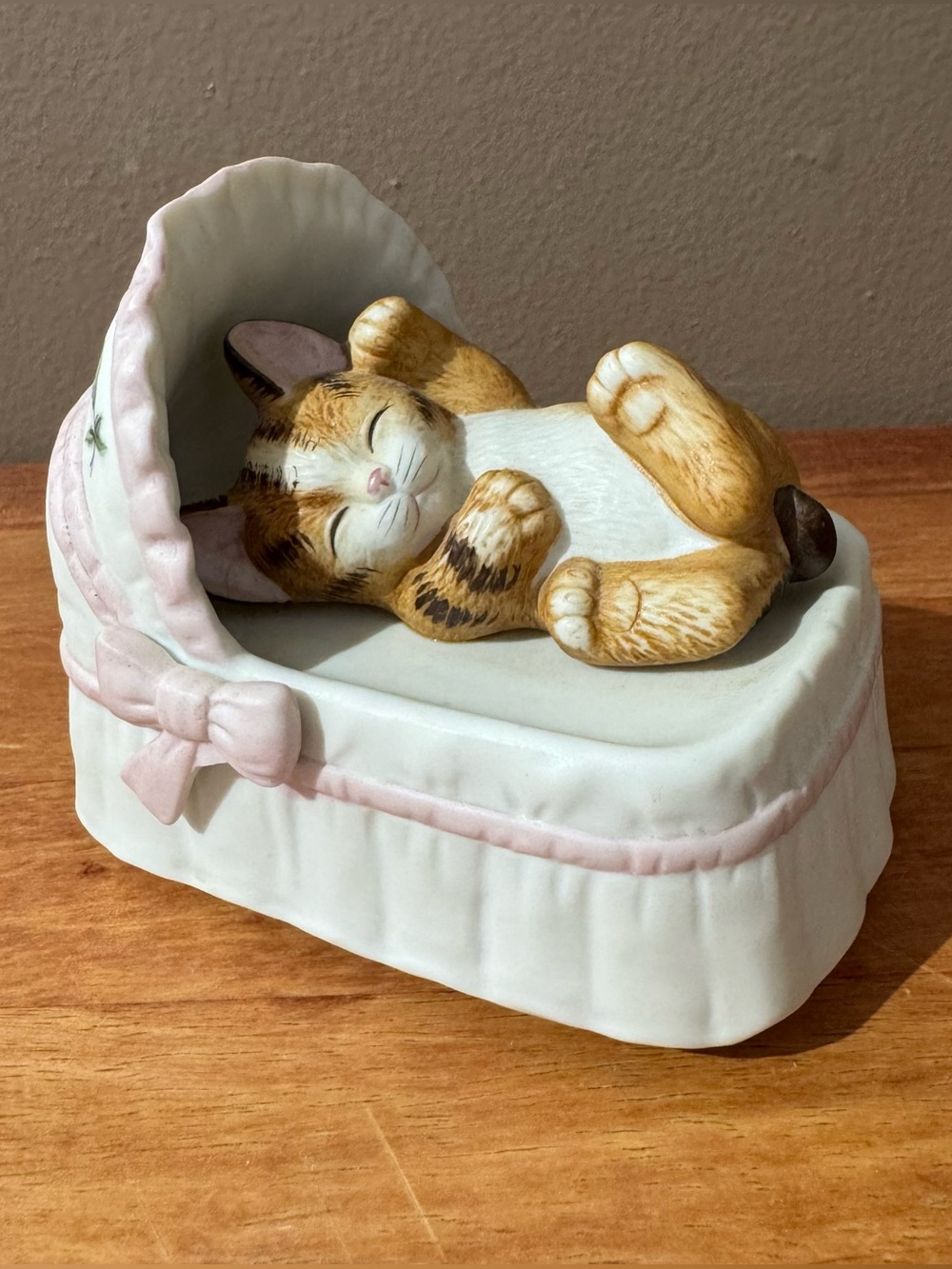 Porcelain Ginger Kitten Music Box Sleeping in a Bassinet, by MANN
